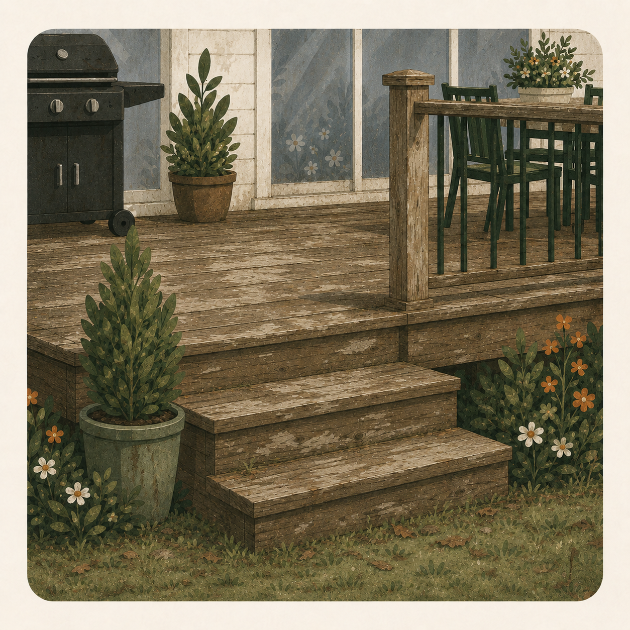 Before — weathered grey deck